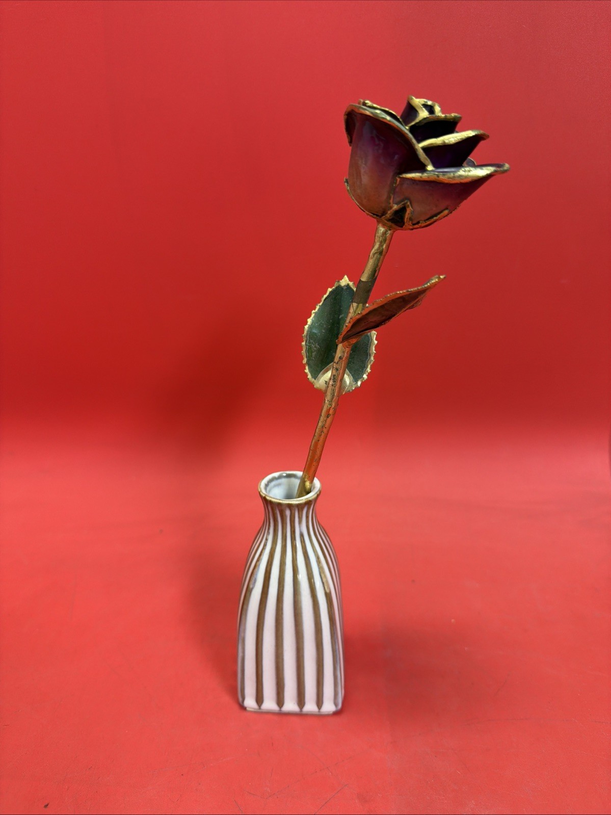 Vintage Gold-Tone Metal Purple Rose 🥀 w Ceramic Vase 4.75” Decor