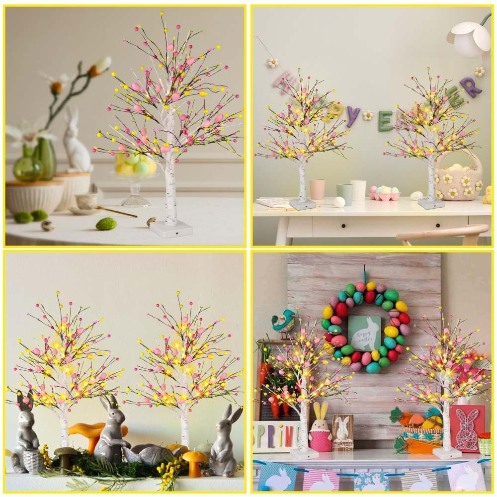 Easter Decorations, 2 Pcs Pre-lit 24 Inch Easter Egg Tree with 24 LED Lights, Ba