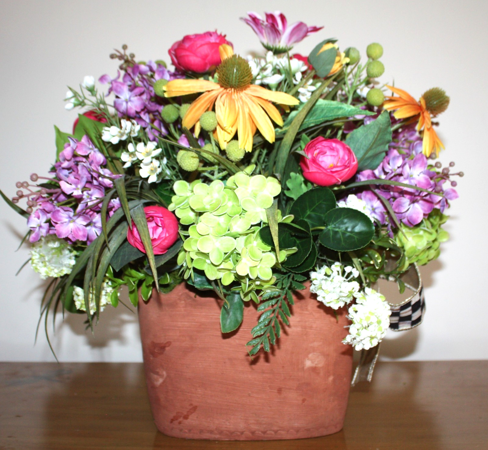 Beautiful Floral Arrangement In Terracotta Planter With Mackenzie Childs Bow!