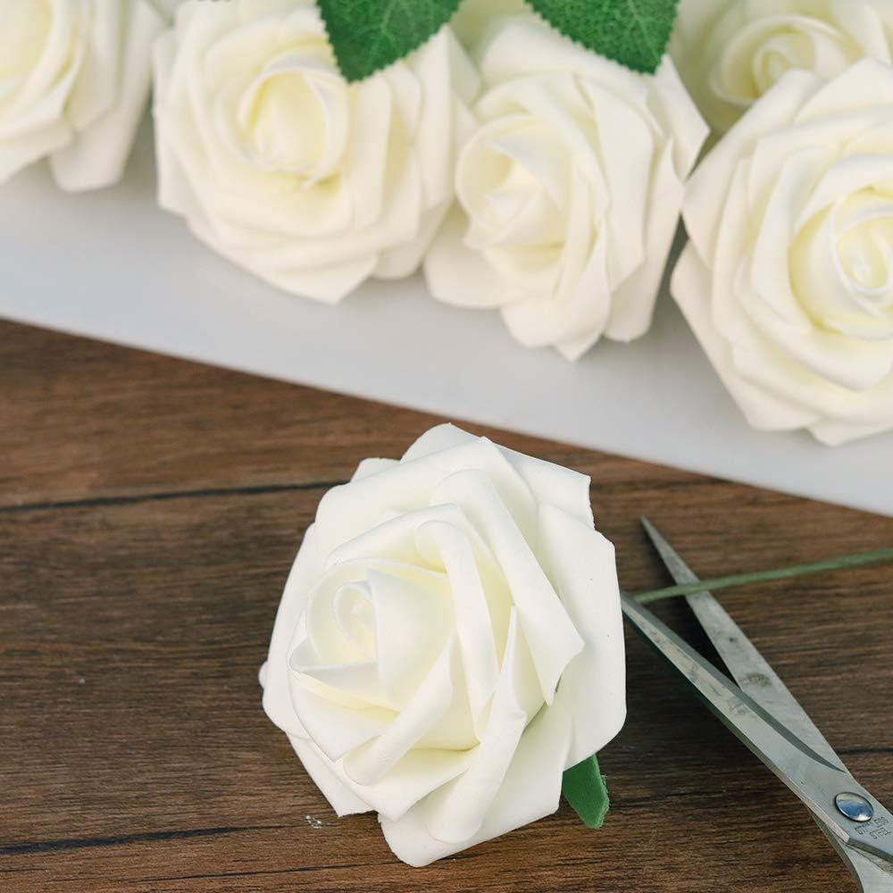50Pcs Real Touch White Rose Artificial Flowers for Wedding & Party Decor
