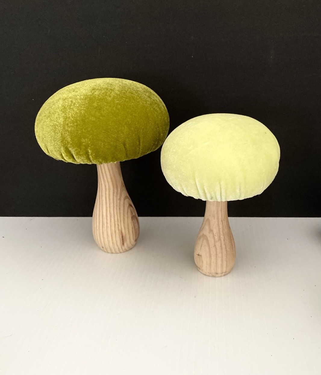 (2) Flora Bunda Green Velvet Mushroom Retro Mushrooms Shelf Sitter Spring Decor