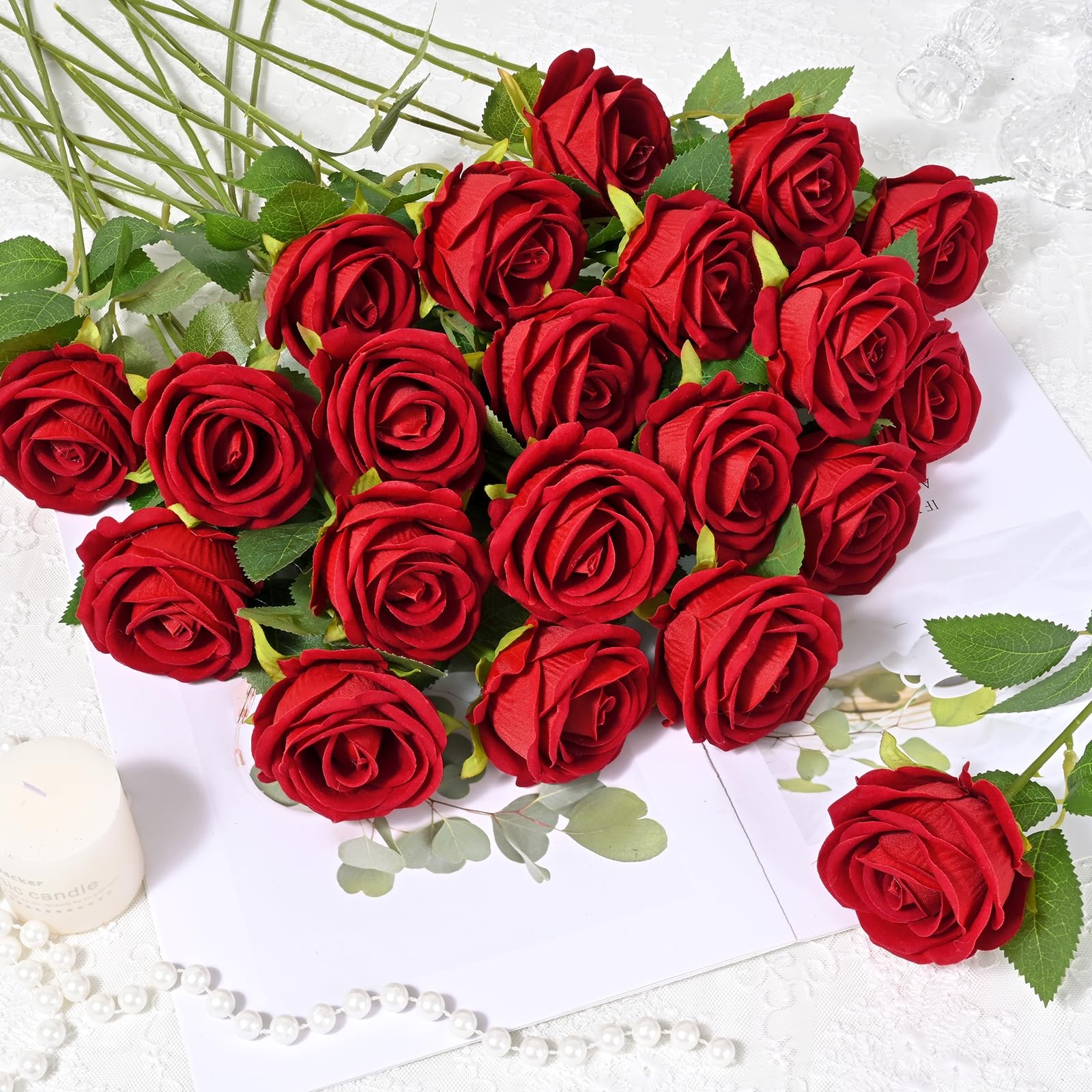 Artificial Red Roses Real Touch Velvet Bulk 50 Pcs Wedding Bridal Bouquet Decor