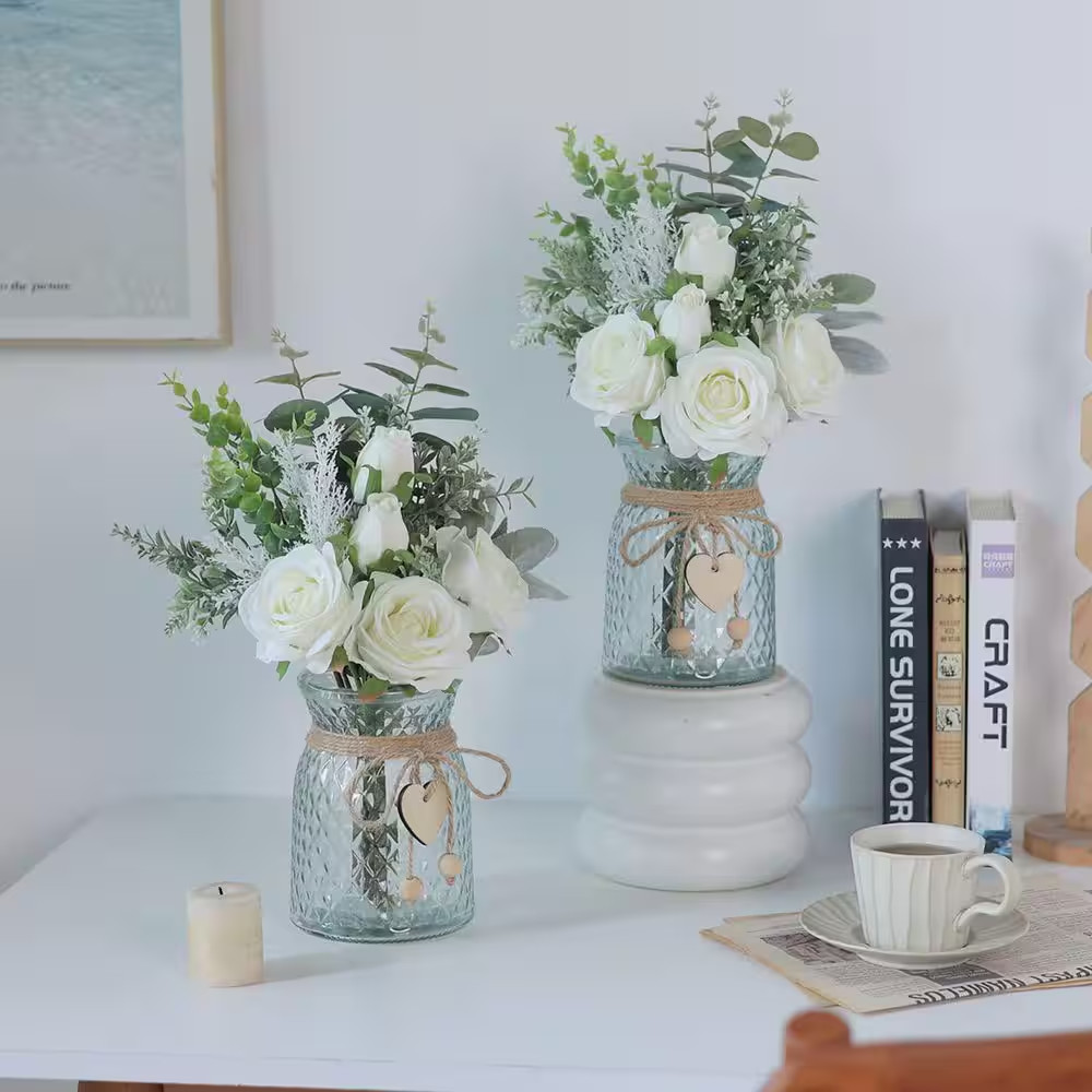Faux Flowers with Vase 14.5 In. White Artificial Silk Roses Eucalyptus Flower Ar