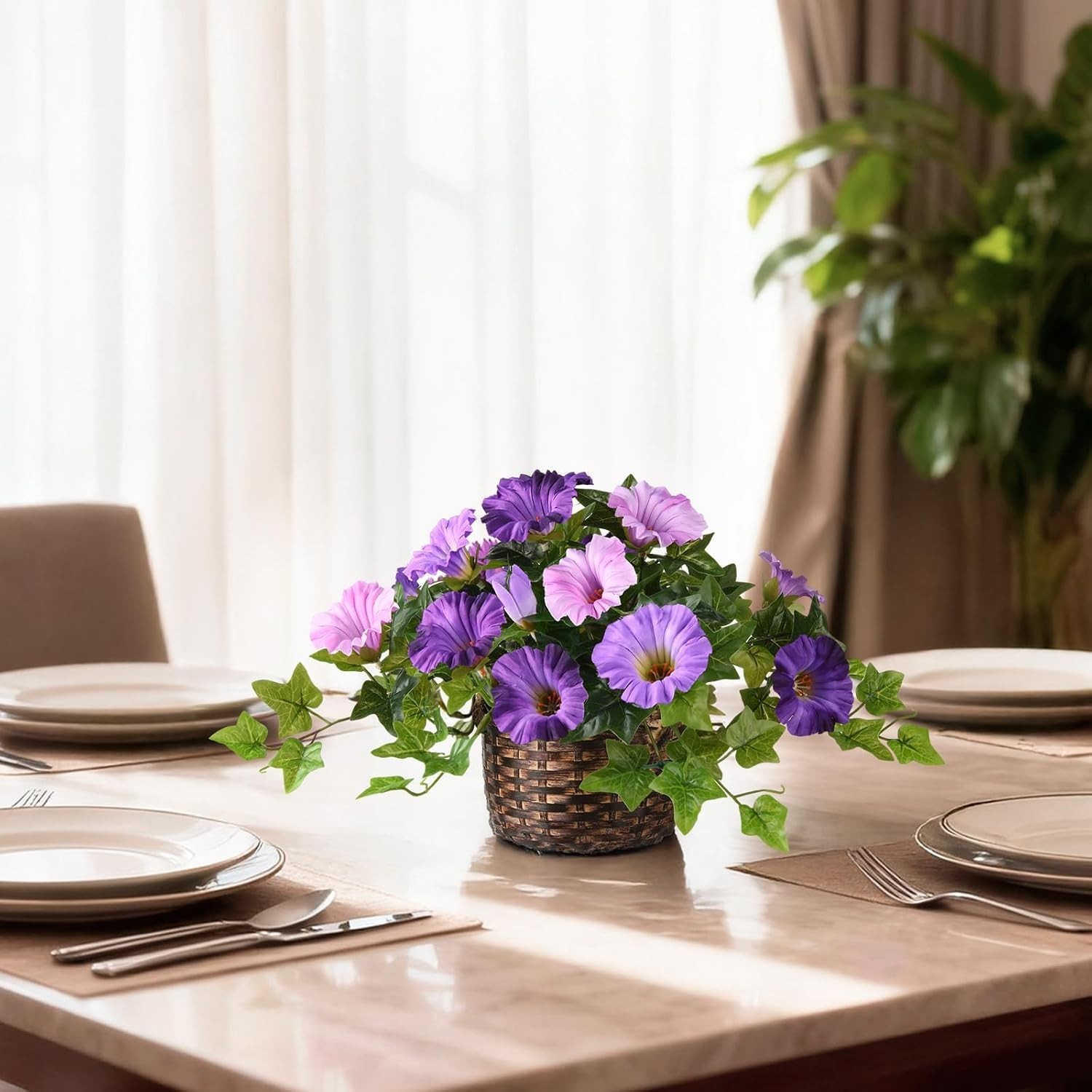 2 Set Artificial Outdoor Flowers with Hanging Basket, 2 Hanging Planters Faux Si