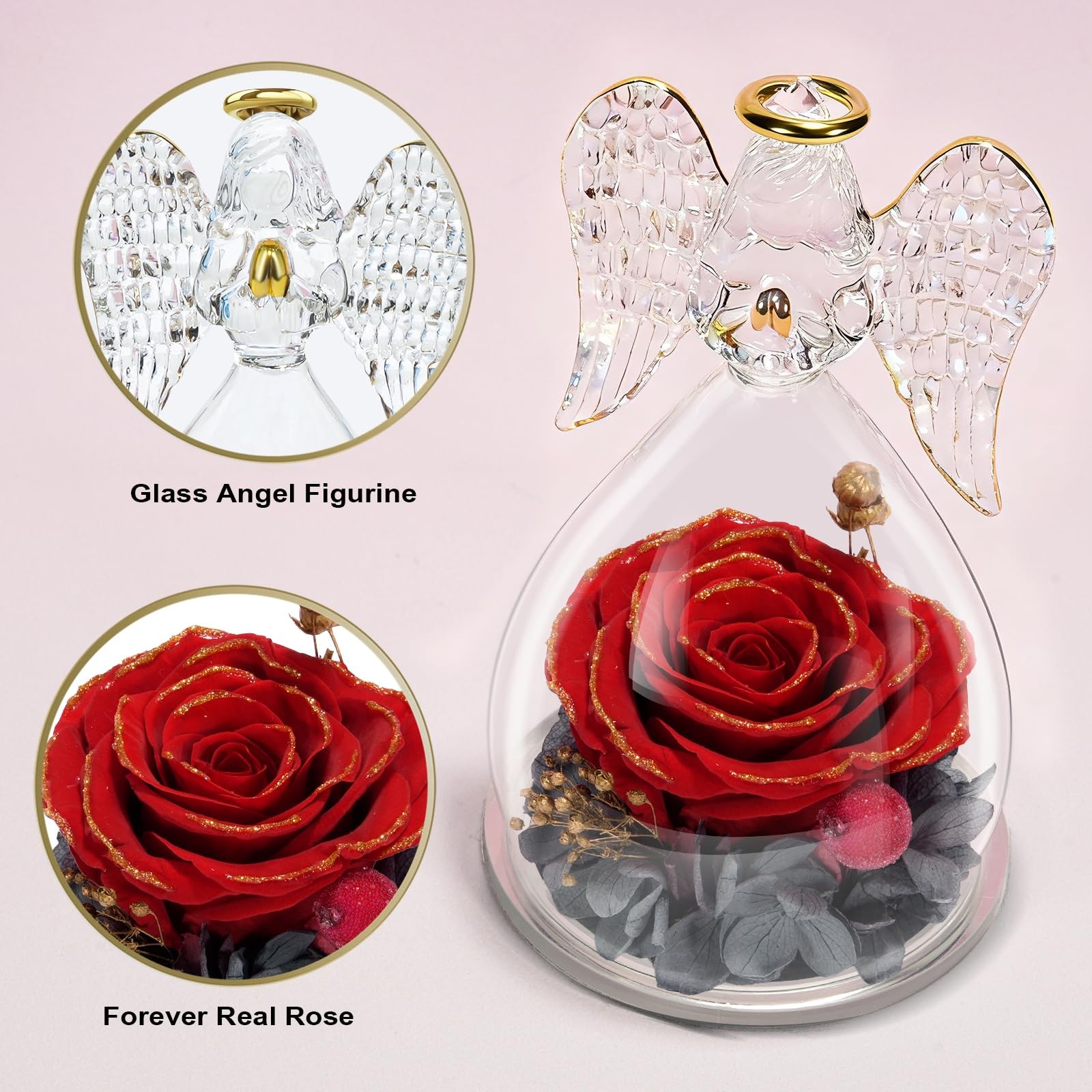 Angel Figurines With Real Rose Preserved Flowers Mothers Day Gift Redgold