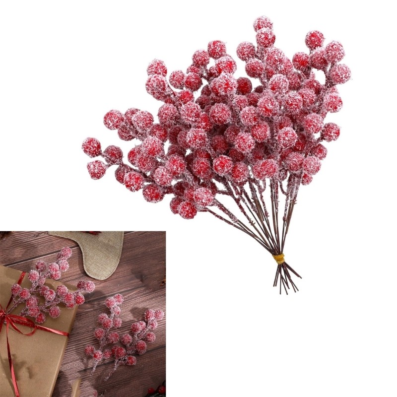 20Pcs Artificial Red Berries Branches With Bendable Iron Wire Stem for Tree