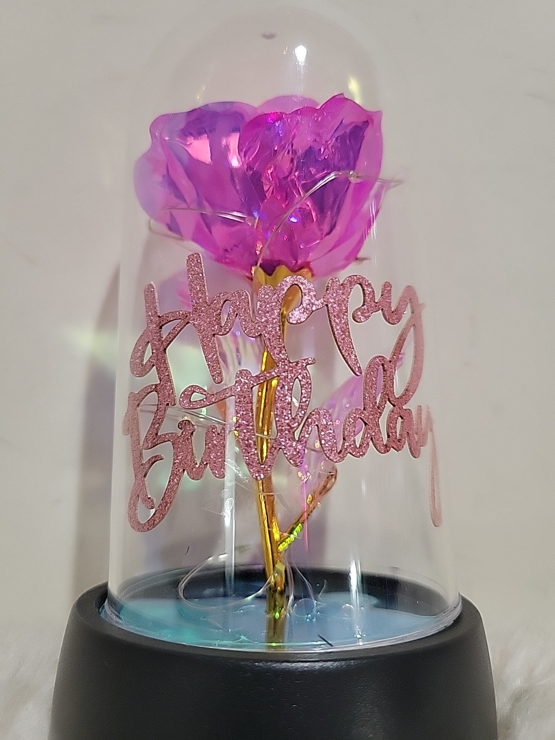 New With Box – Crystal Rose with LED Light In Dome Cover – Happy Birthday – Pink
