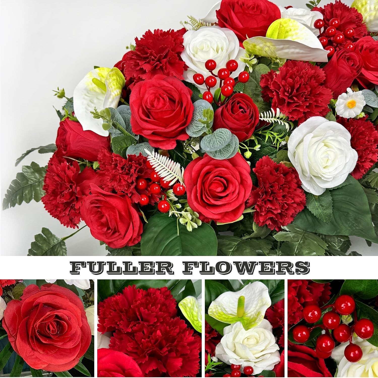 Artificial Cemetery Flower with Vases for Grave Decoration, 3PC,Red Rose Carn…
