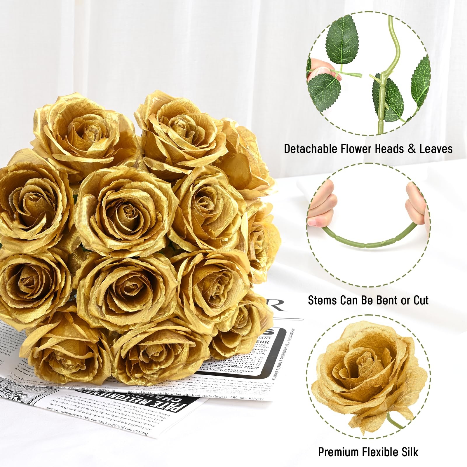 16 Pcs Fake Gold Roses Artificial Flowers with Long Stems, Rose Bouquet Silk …