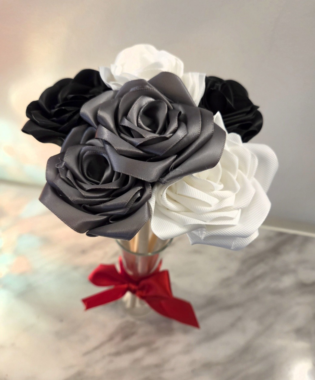 Fabric Homemade Flower Bouquet In Glass Vase With Bow