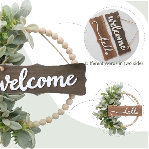 Green Wreath for Front Door, Wood Bead Wreaths with Artificial Lambs Ears