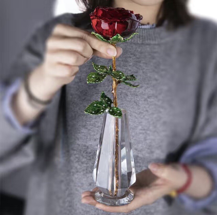 Crystal Glass Red❤️Rose Flower Gold Plated Long Stem Love Valentine’s Day Gift🌹