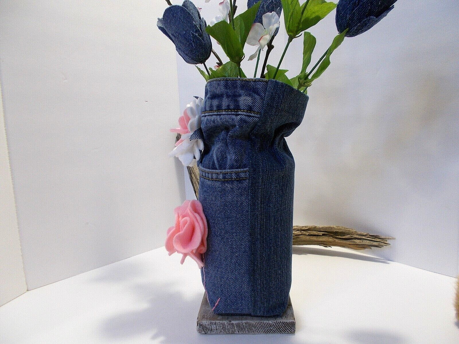 Denim Roses & Flowers in Recycled Denim Jeans Vase and Sm Valentines Hugs Bear