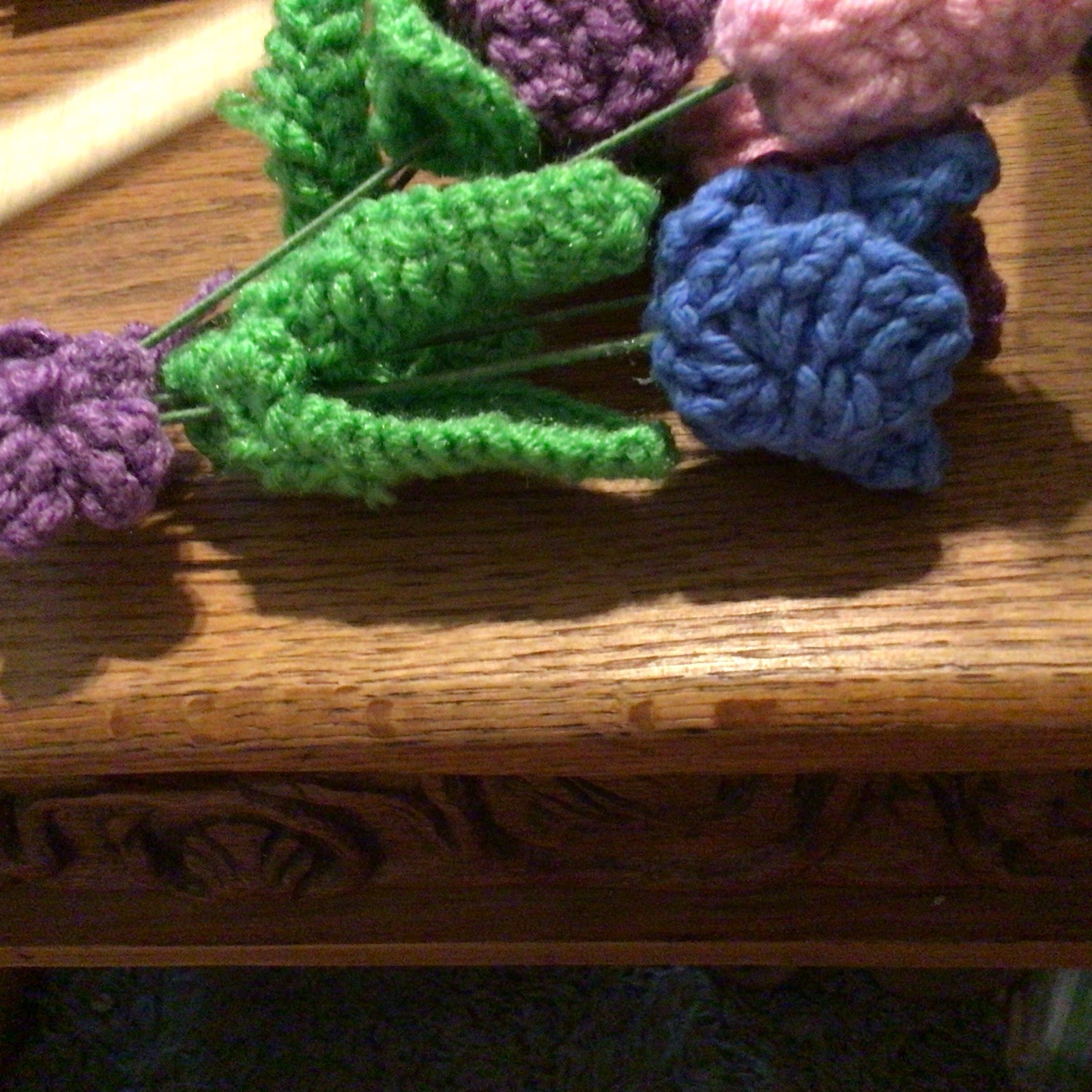 Crochet Flowers Bouquet, Pink, purple, blue, & green with wire stems