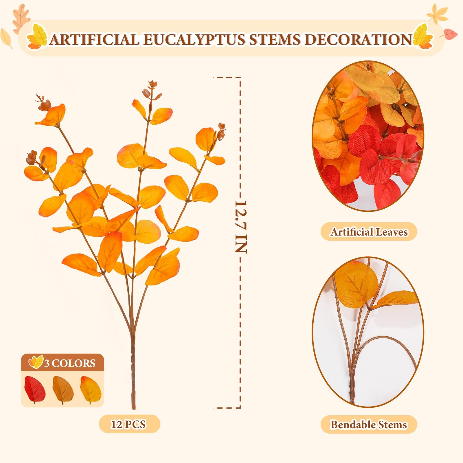 Artificial Eucalyptus Stems, 12.7 Inch Realistic Fall Foliage Faux Stems Bran…