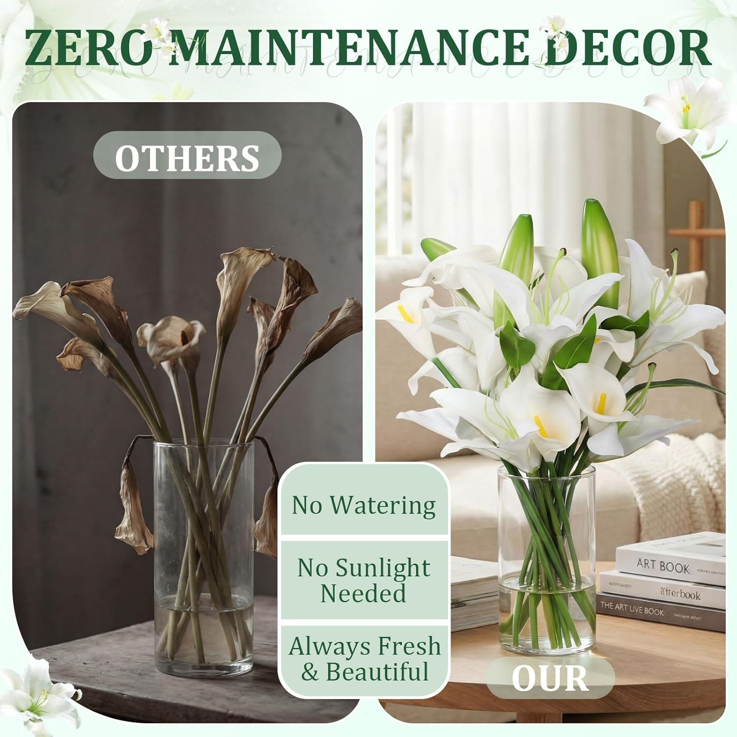 15.74″ White Artificial Calla Lily Flowers with Faux Water for Home Decor