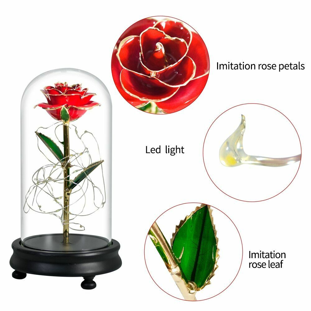 Gold Dipped Rose Flower In Glass Birthday Wedding Valentine Mothers Gift Womens