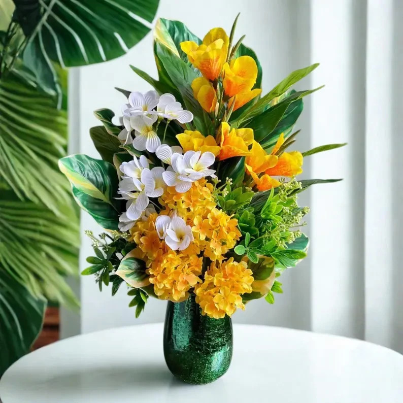 Tropical Floral Arrangement: Yellow & Green Beach House Decor, Table Centerpiece