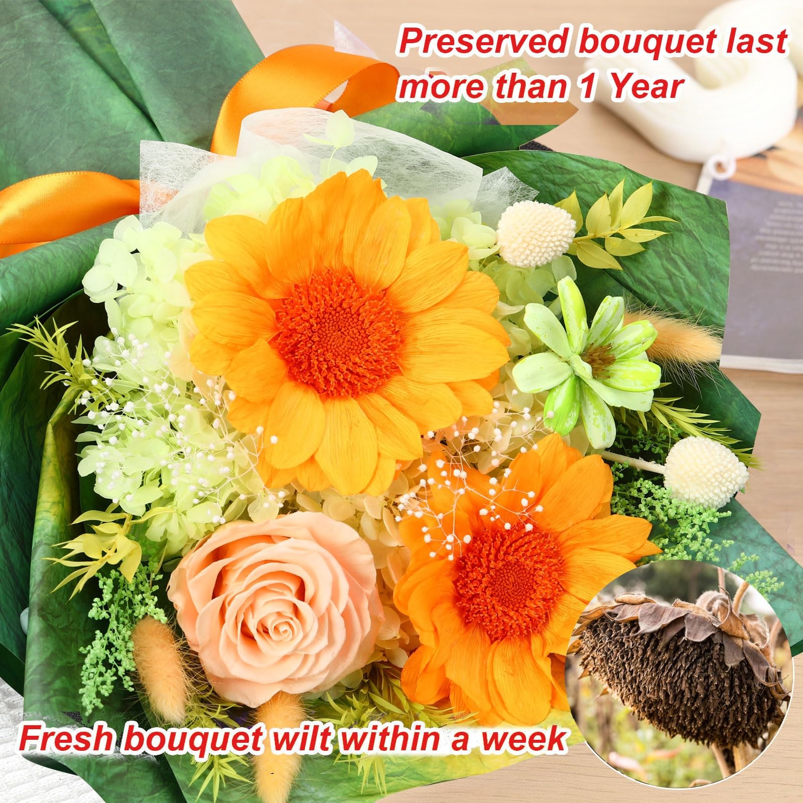 Preserved Sunflower Bouquet Green Forever Flowers Gift Box Women Anniversary