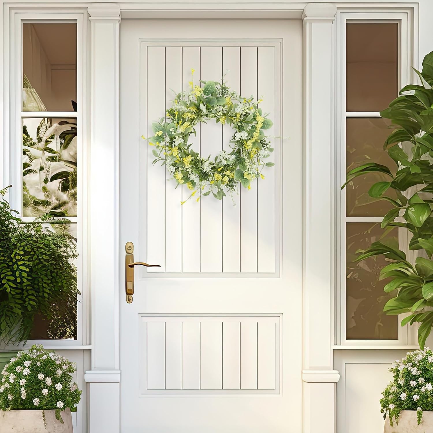 Vibrant Floral Wreath – Yellow White Daisy & Green Leaves