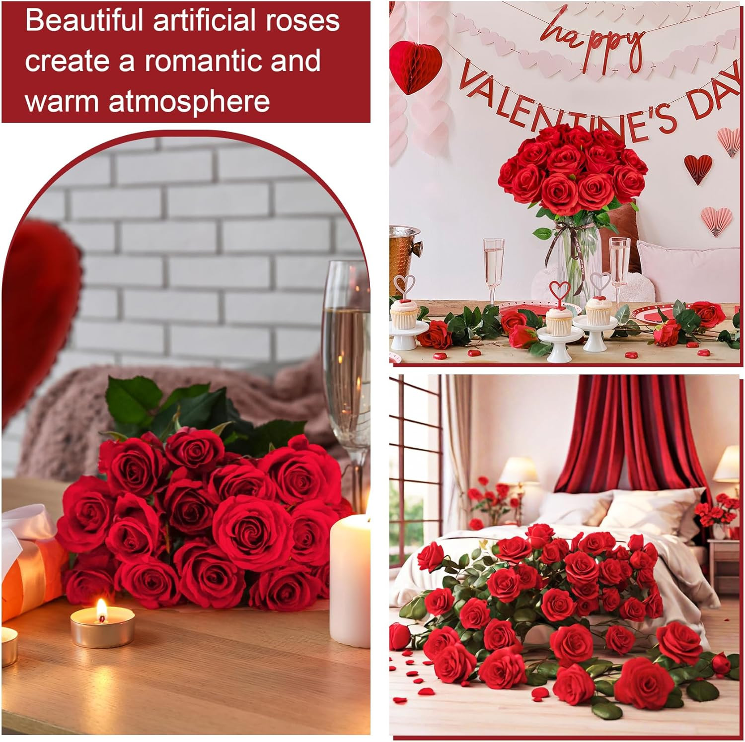 20 Pcs Red Roses Artificial Velvet Silk Flowers Fake Roses Bouquet with Long Ste
