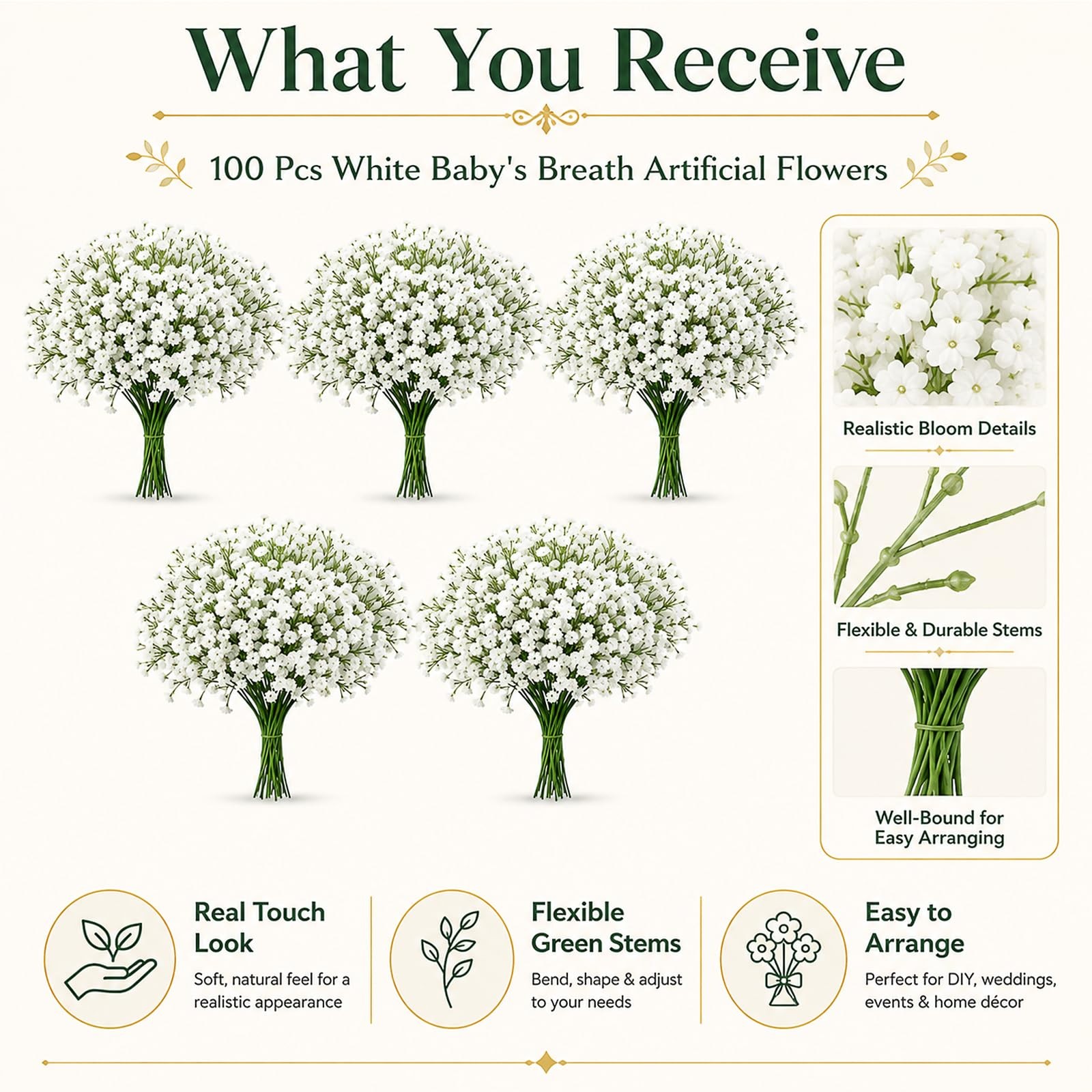 100 Pcs Baby’s Breath Artificial Flowers Bulk, White Real Touch Gypsophila Fa…