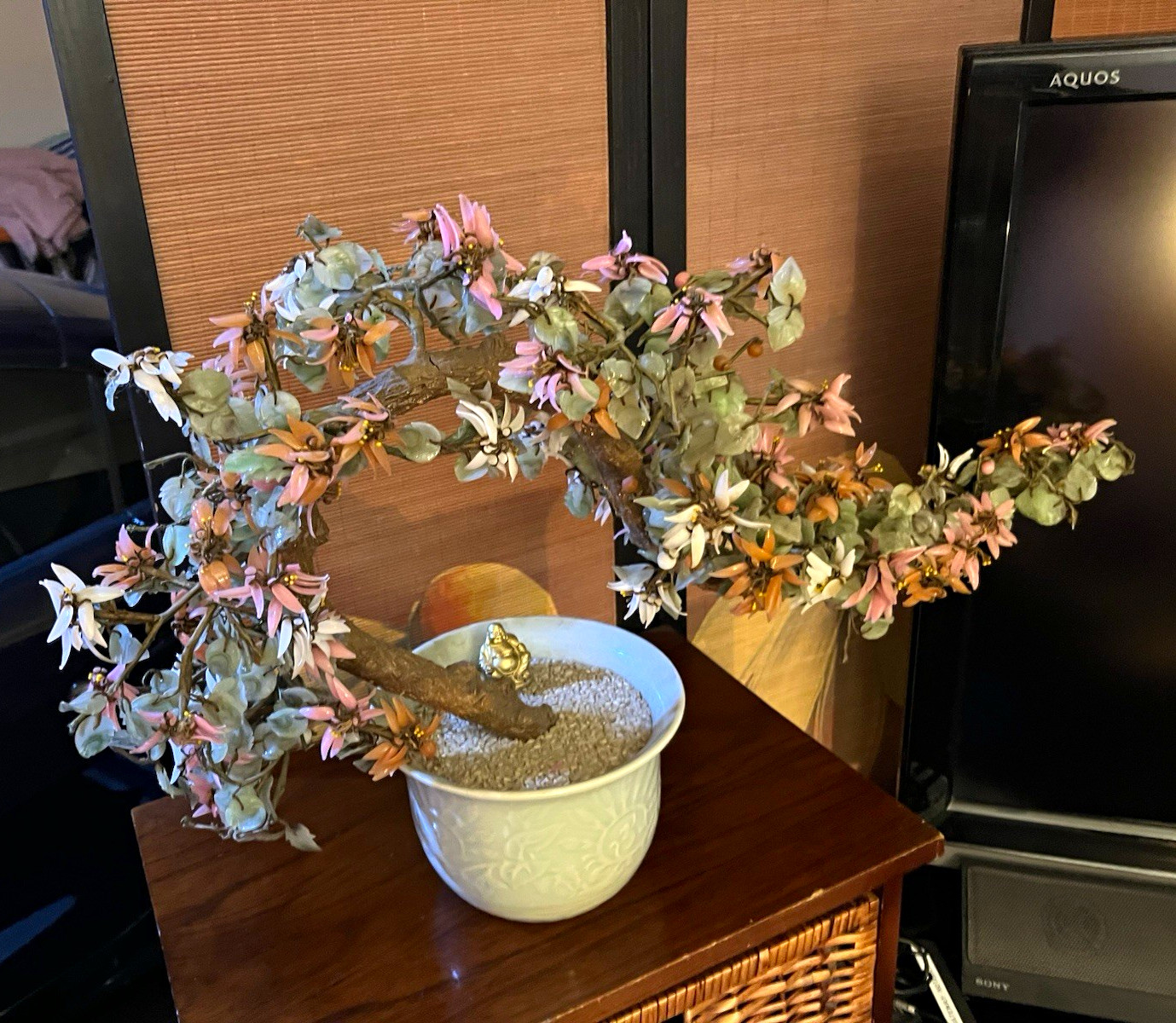 Artificial Bonsai Tree Houseplant, Jade and Green/Pink/White, Flower Pot