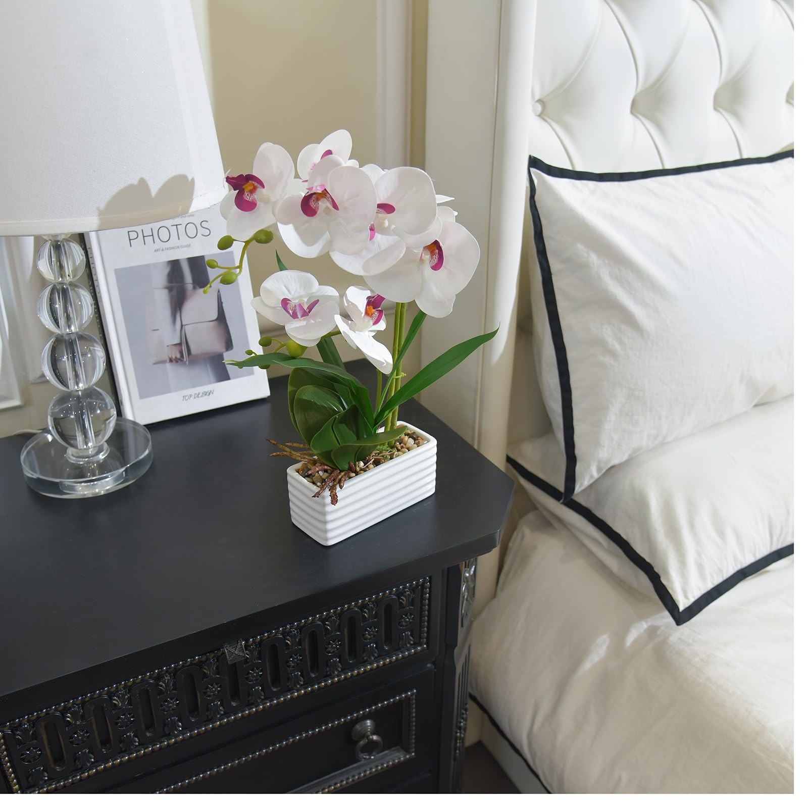 Artificial Real Touch Orchid Flowers In Pot Fake Phalaenopsis With Vase White