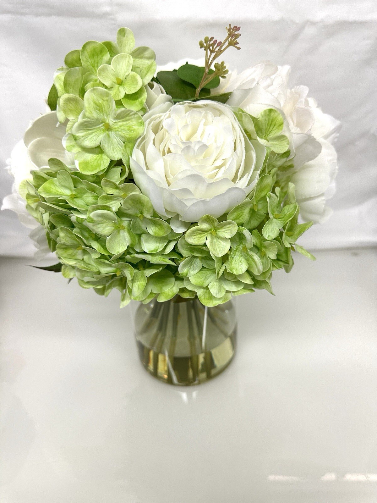 Artificial Peony Hydrangea and Tulip Glass Arrangement 13″ New
