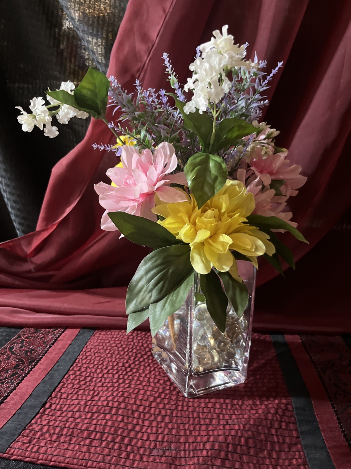Beautiful Silk Floral Arrangement And An Oblong Square Vintage Glass Vase