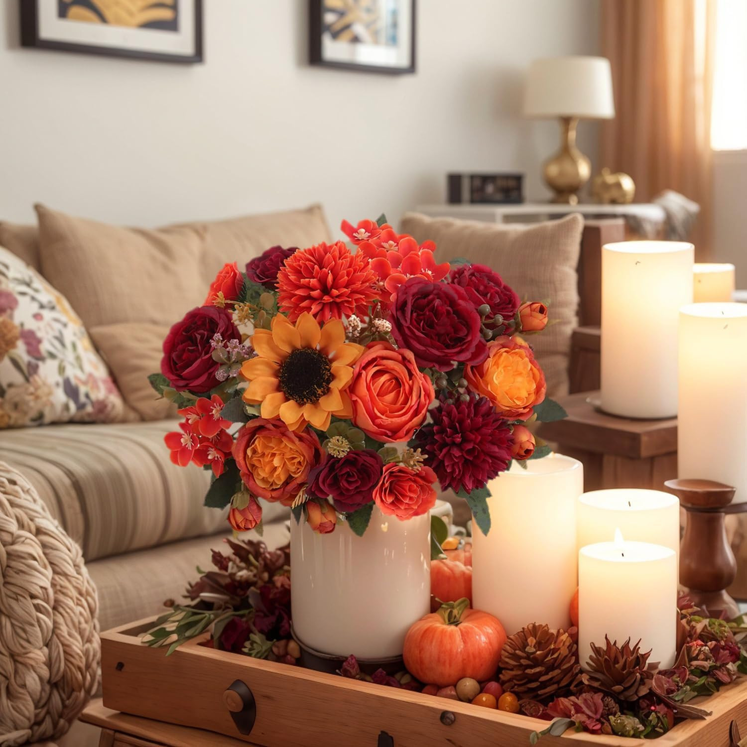 4 Pcs Mixed Autumn Artificial Peony Flower Set-2 Bouquets & 2 Stems, Burnt Orang