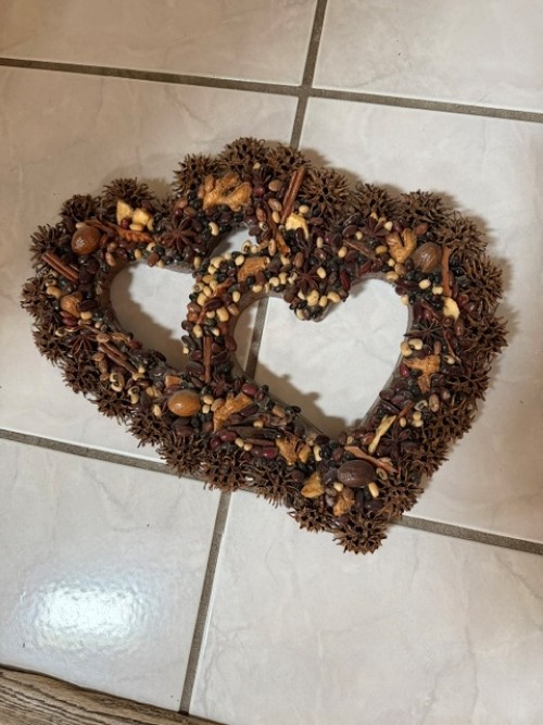 Double Heart made from dried Beans,Twigs and Seed Pods, 14″ x 10″