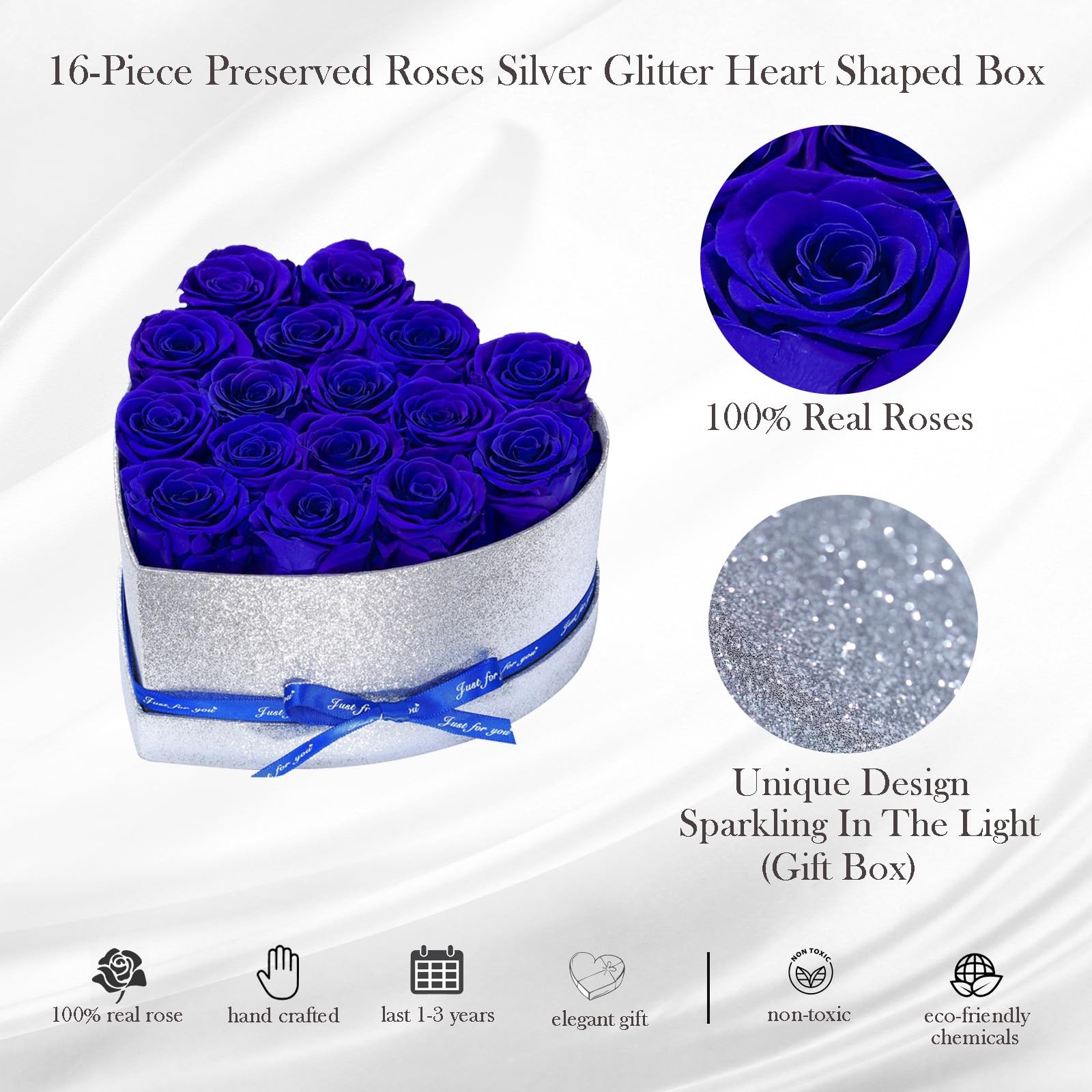 Blue 16 PCS Preserved Forever Roses Heart Shape Box Birthday Gift for Women