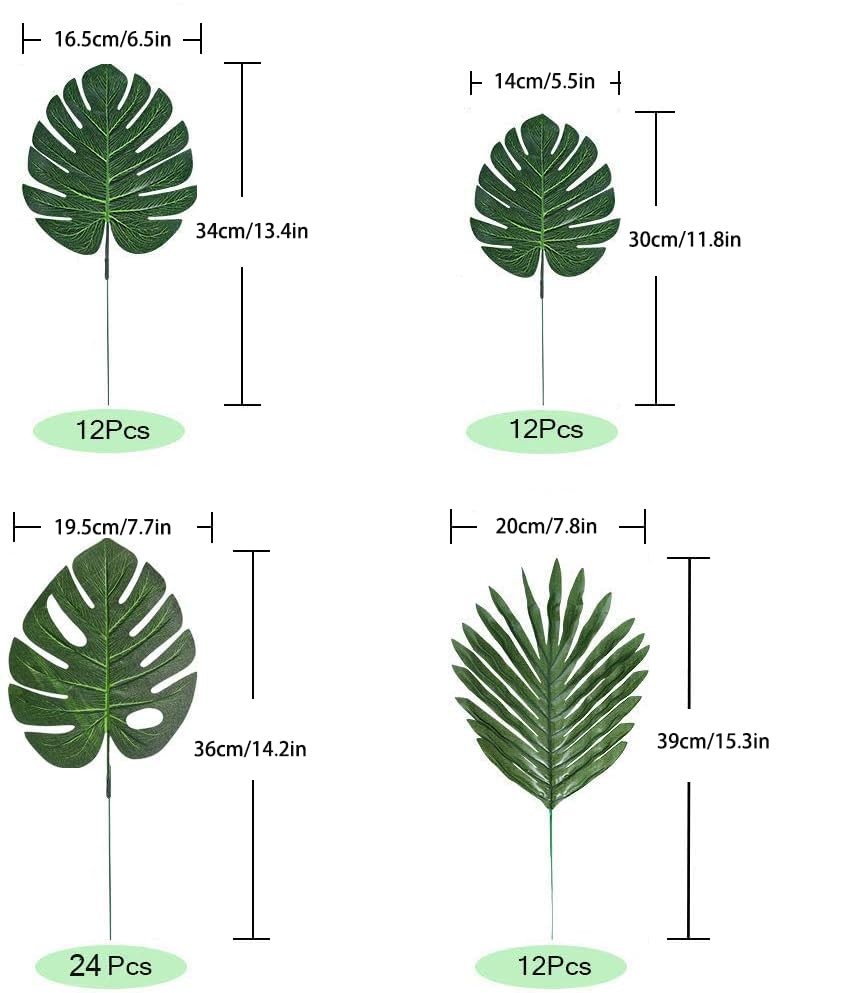 60 Pieces 4 Kinds Artificial Palm Leaves with Faux Stems Tropical Plant Leave…