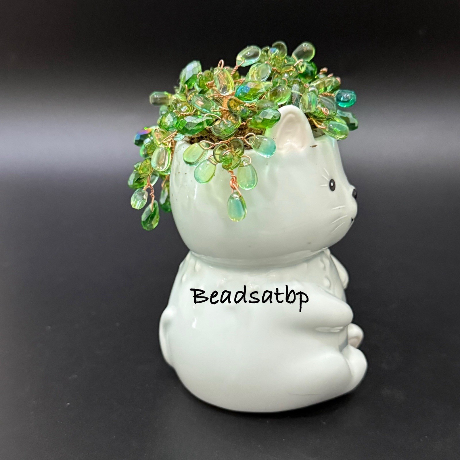 Handmade Beaded Forever Plant Crystal Teardrop Beads 4.5” Ceramic Bear Planter