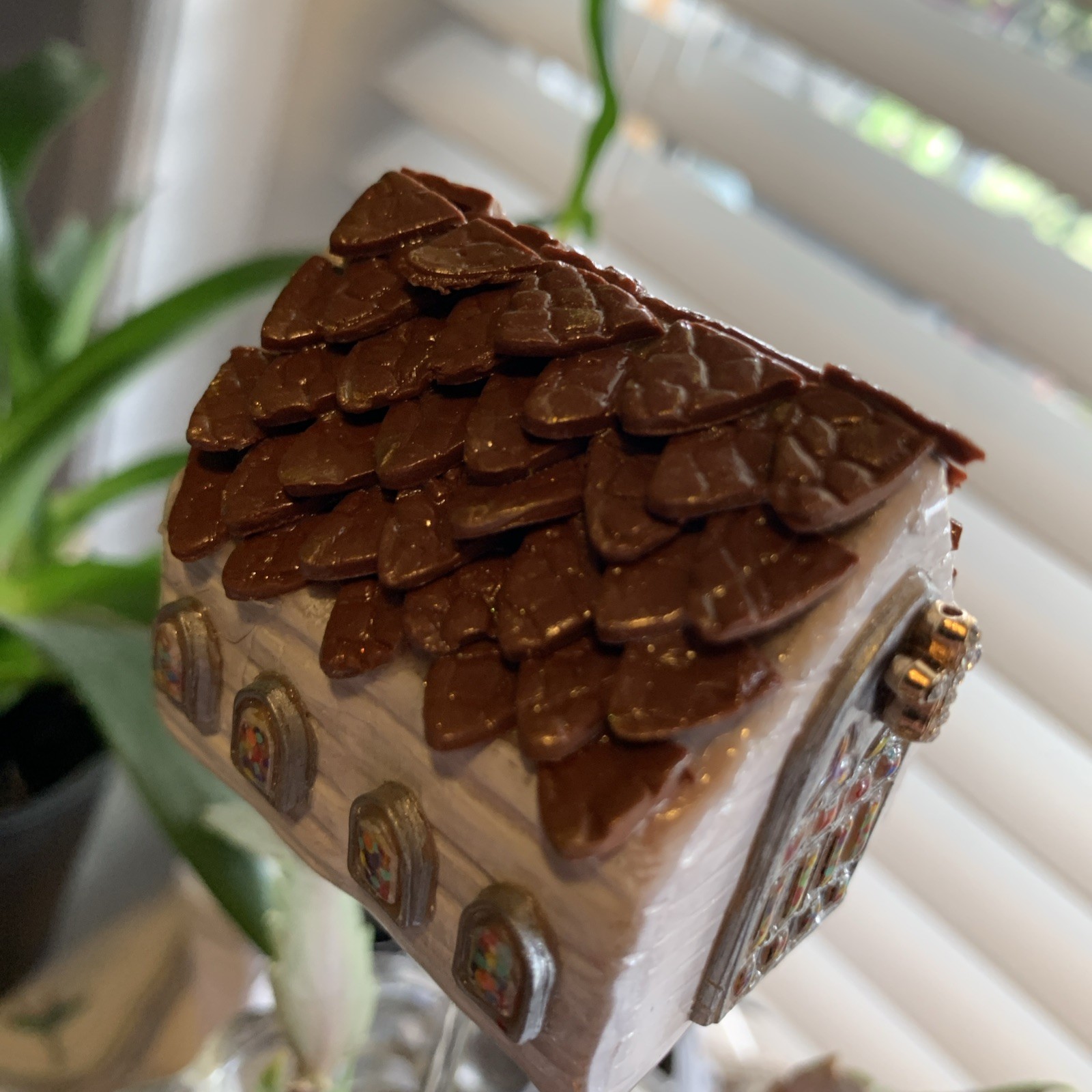 Handmade One Of A Kind Polymer Clay Church With Stained Glass Window Plant Stick