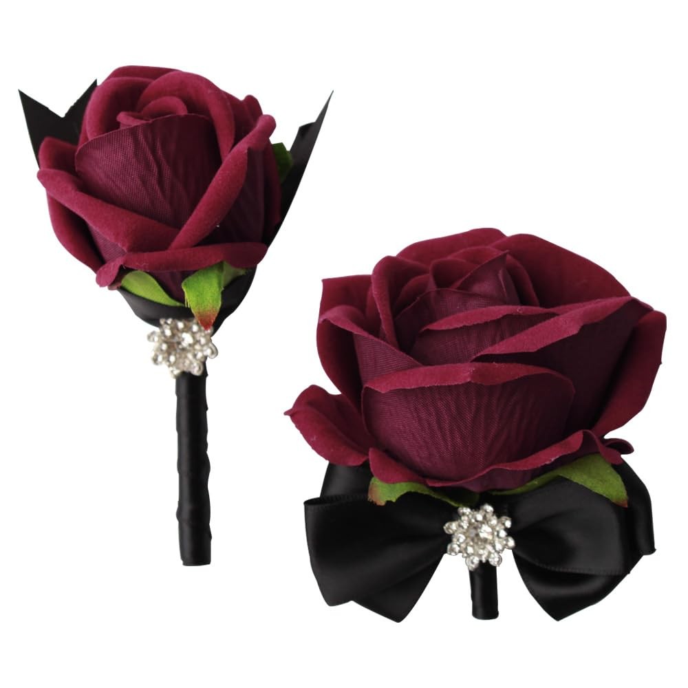 Black Wine Red Rose Wrist Corsage Boutonniere Set Bride Groom Prom 2 PCS