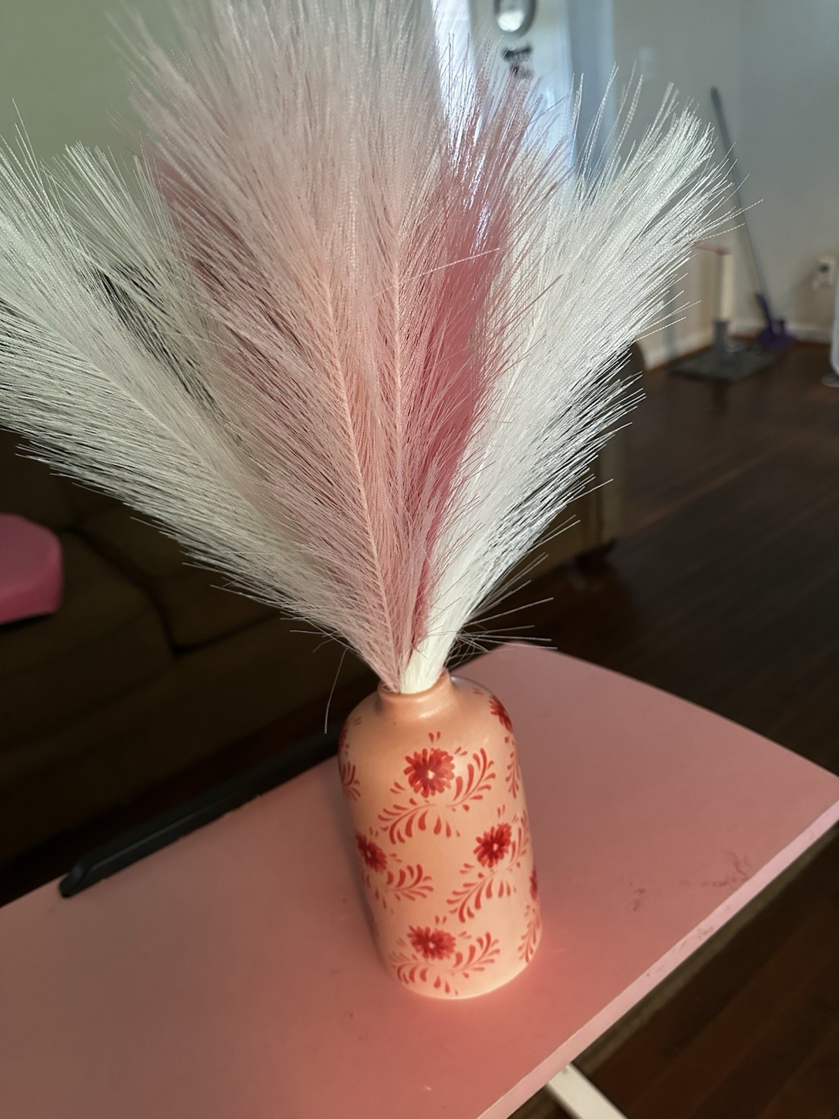 Pink & White Feather Floral Theme with a ceramic red flowered vase