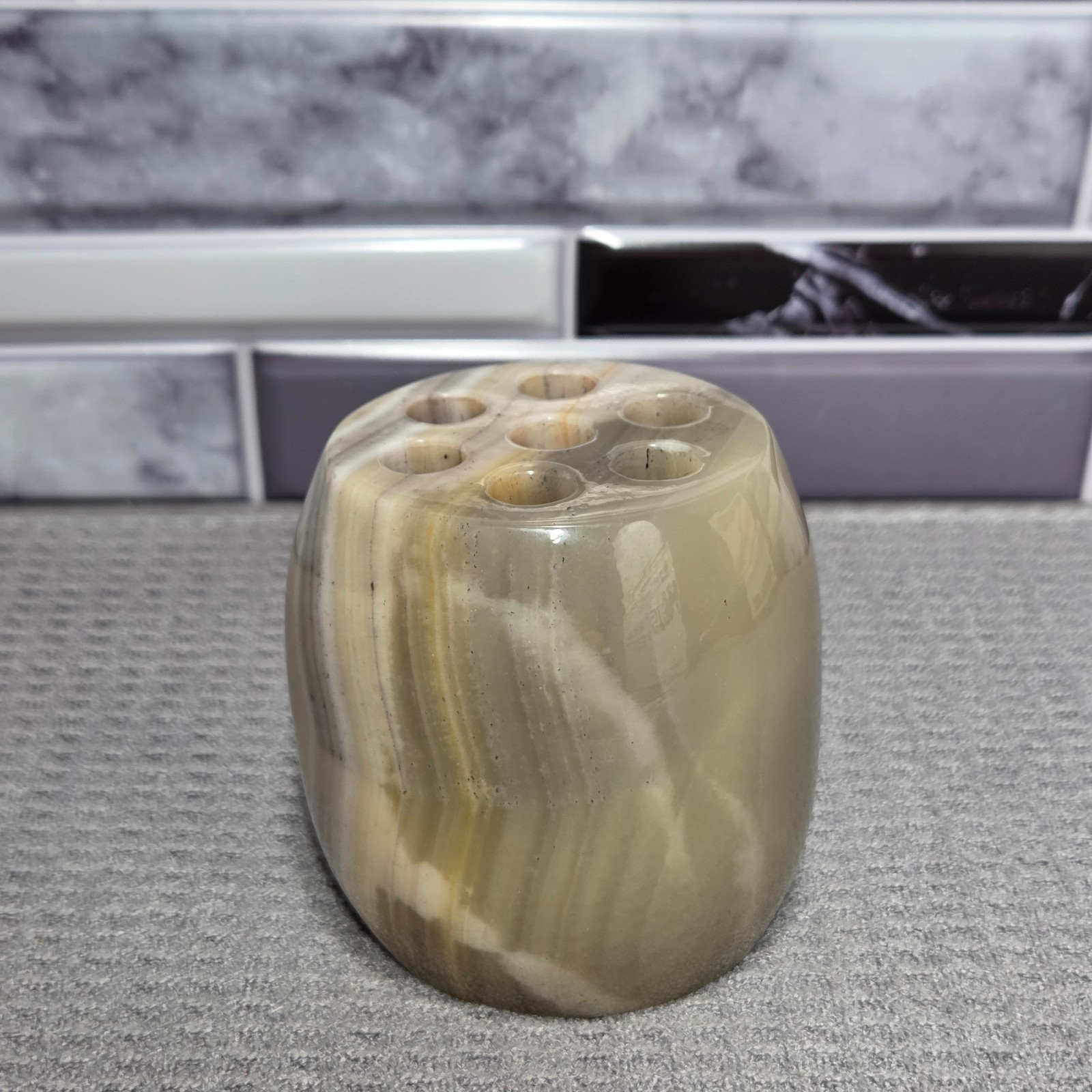 Flower Frog Round Marble Stone Onyx Alabaster 7 Holes Gray Cream Gold Colors