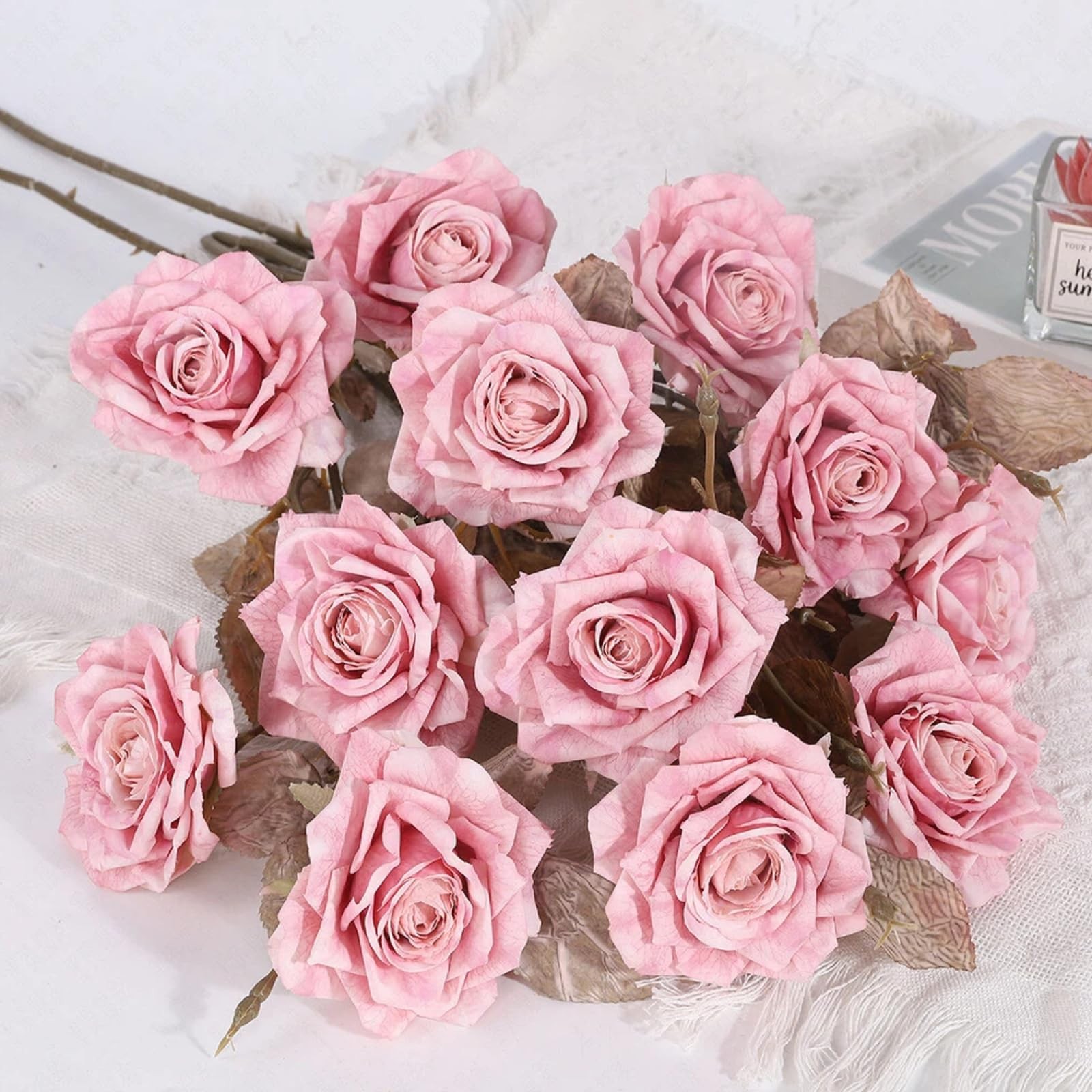 12 Blooms Pink Roses Artificial Flowers, 4Pcs Vintage Faux Roses with 27.5” L…