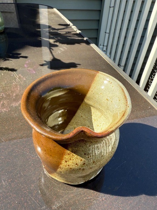 brown and white glazed ceramic flower pot