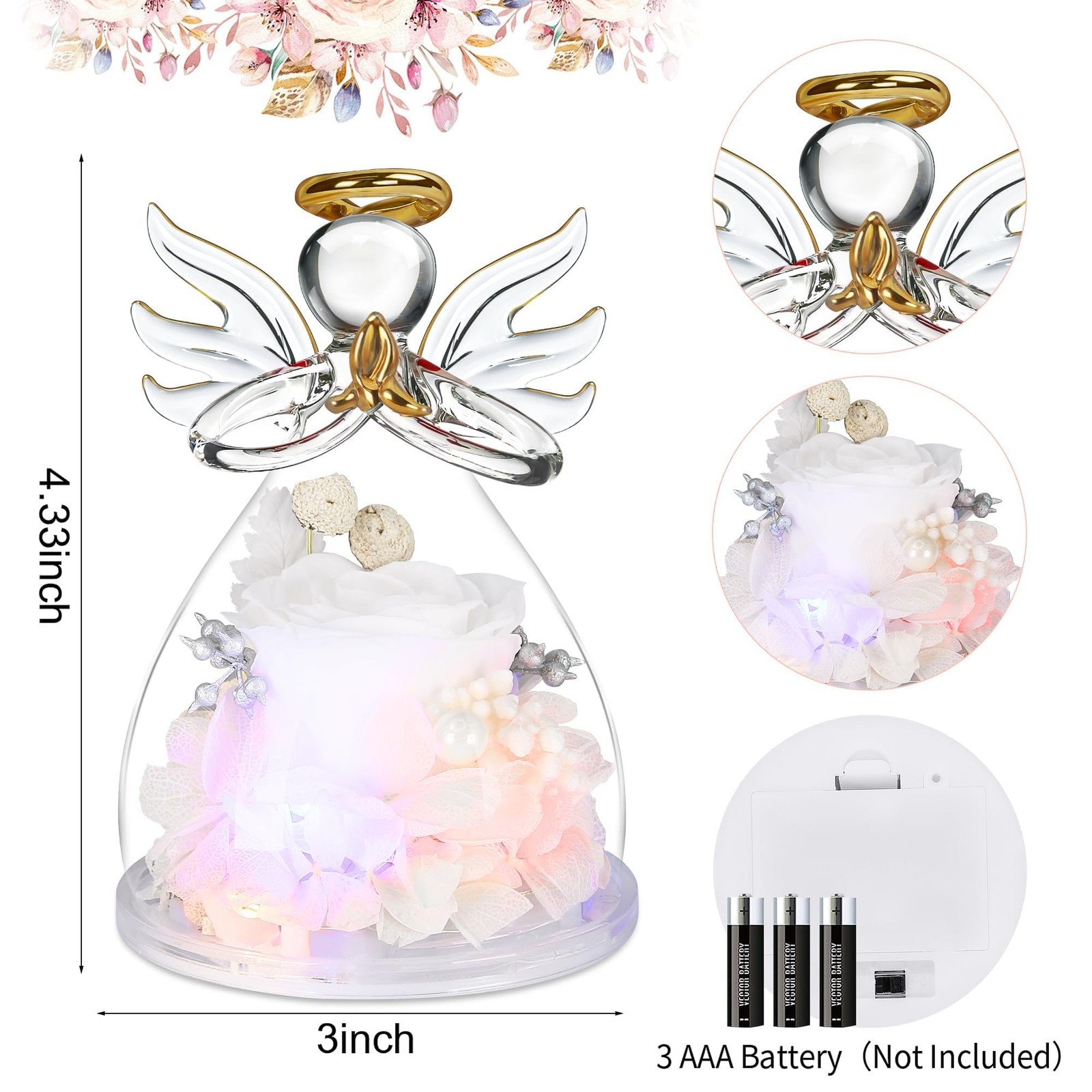 Preserved Fresh Flowers Light Up White Angel Figurine Mothers Day Gift Mom