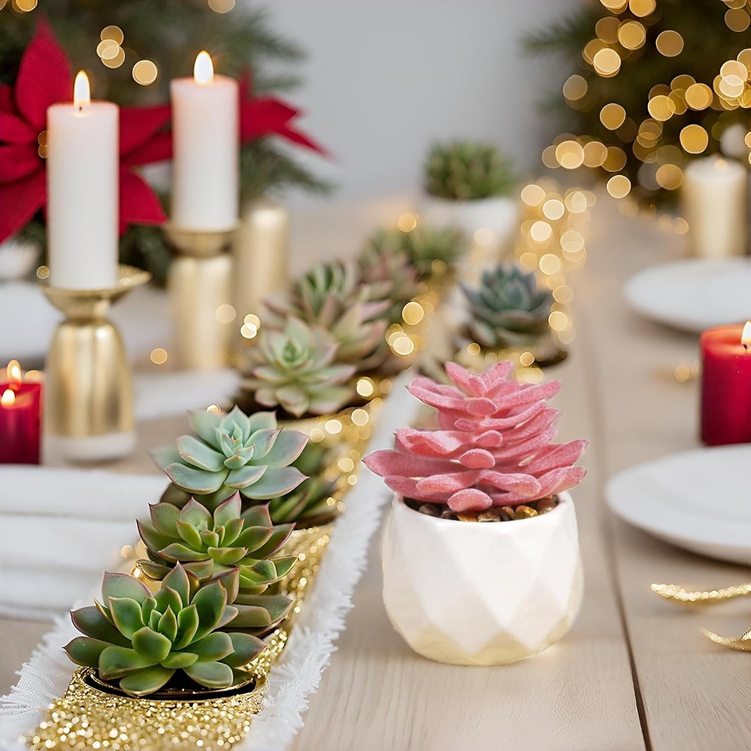 Set of 4 Rose Pink Mini Faux Succulents in White Ceramic Pots for Home Decor