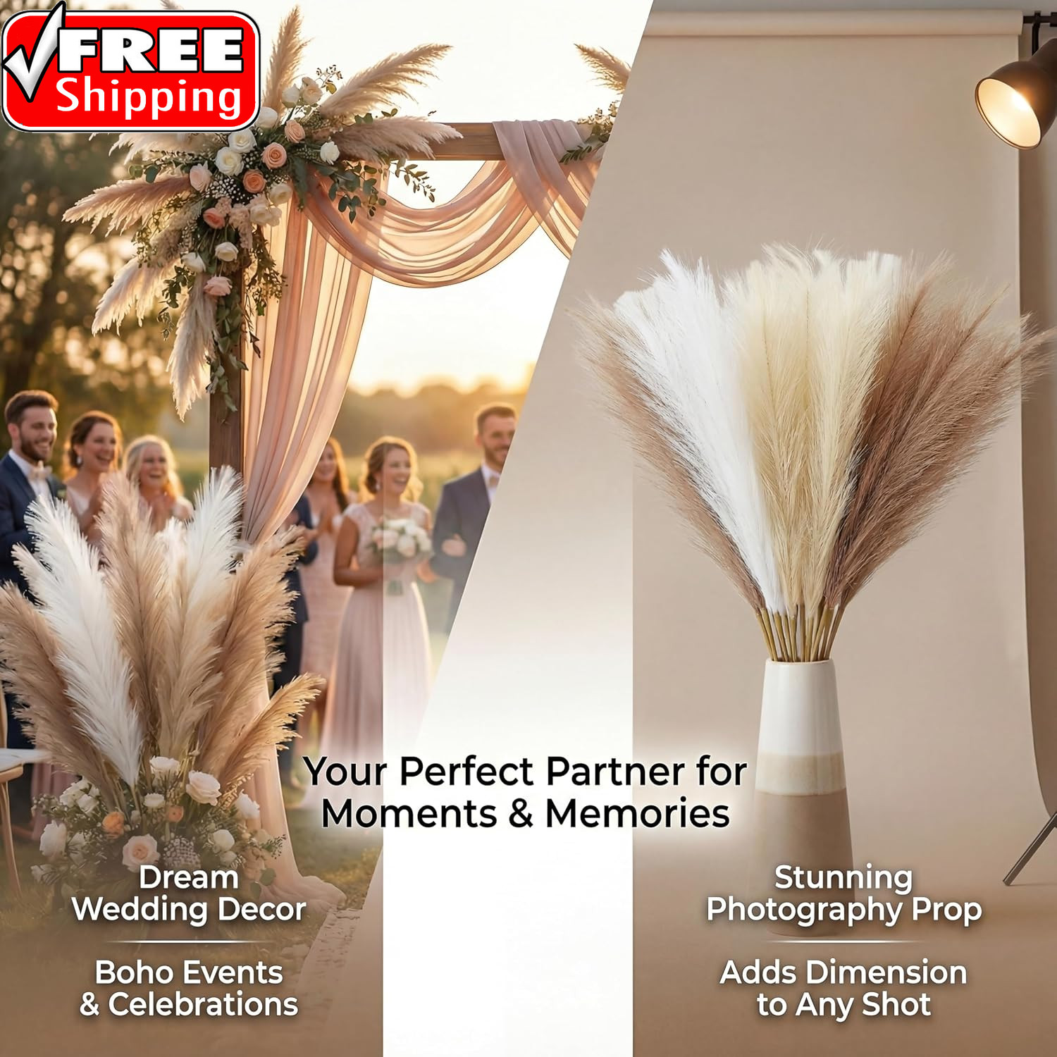 Pampas Grass Decor 21.7 Inch 30Pcs, Faux Pampas Grass White Beige Brown Ultra Fl