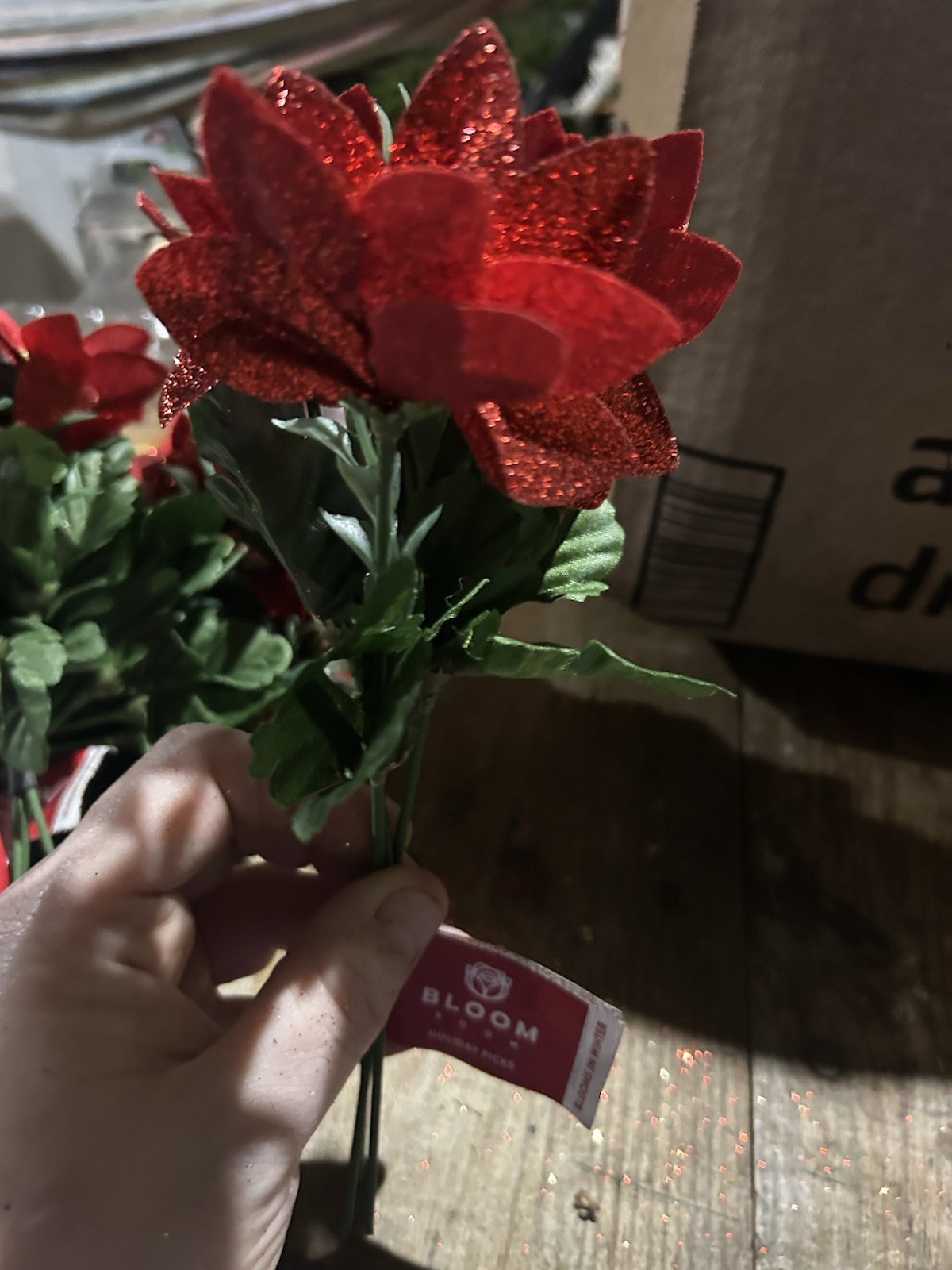 Bloom Artificial Flower Picks 10in Red/Green/Gold Glitter Christmas Floral Decor