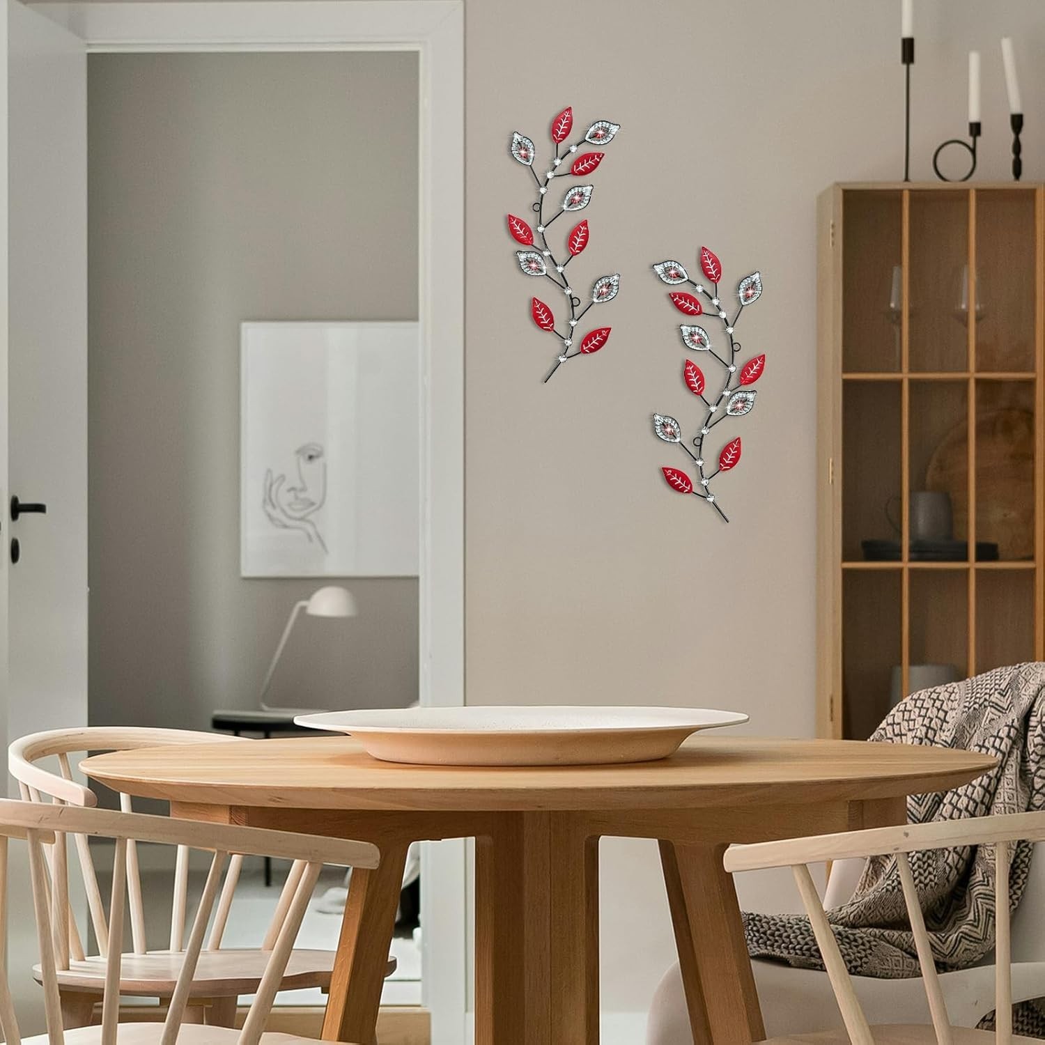 2Pc Metal Tree Leaf Wall Art 3D Rhinestone Iron Branch Hanging Decor Red