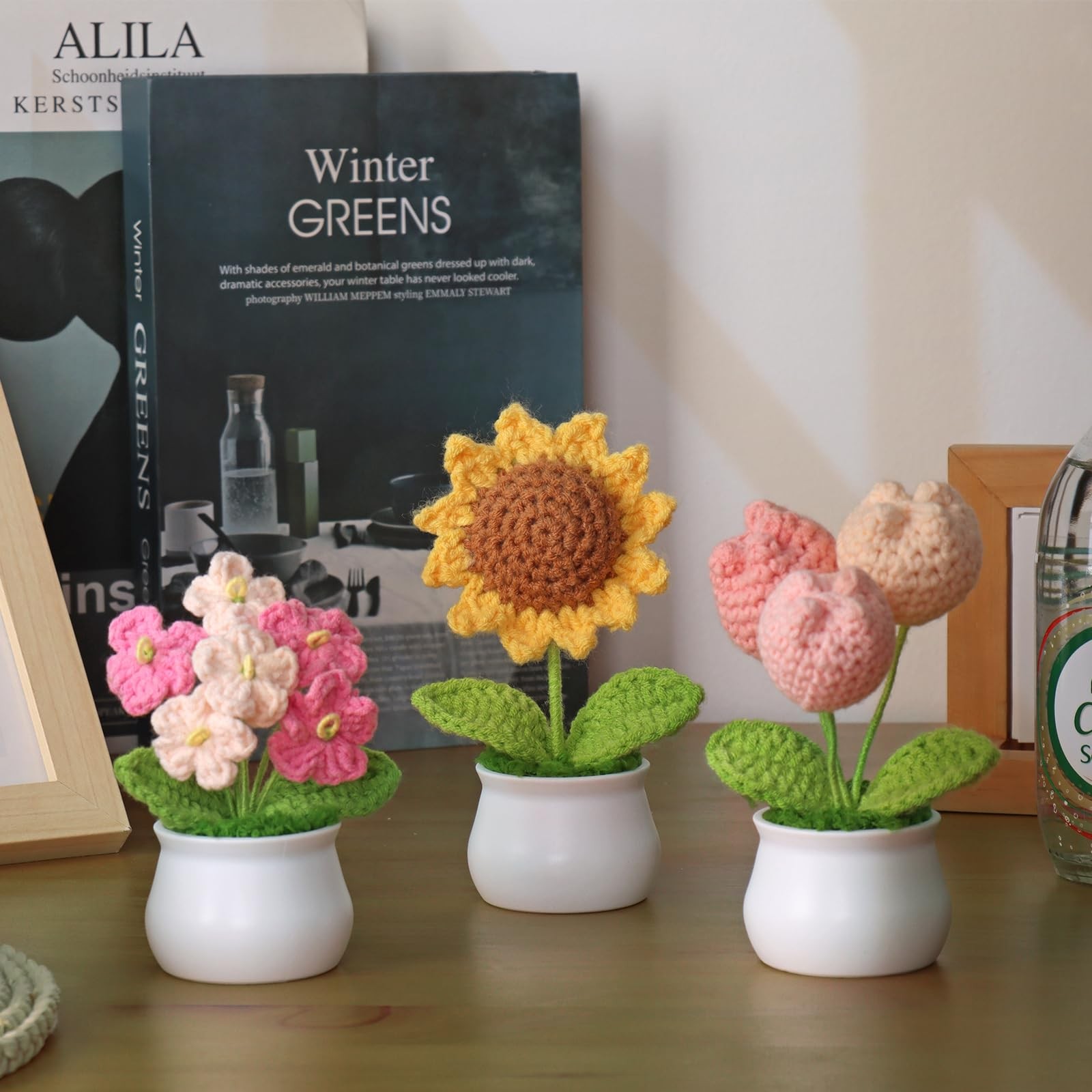 Crochet Flower Potted Plants Knitted Sunflower Tulips Desk Car Decor