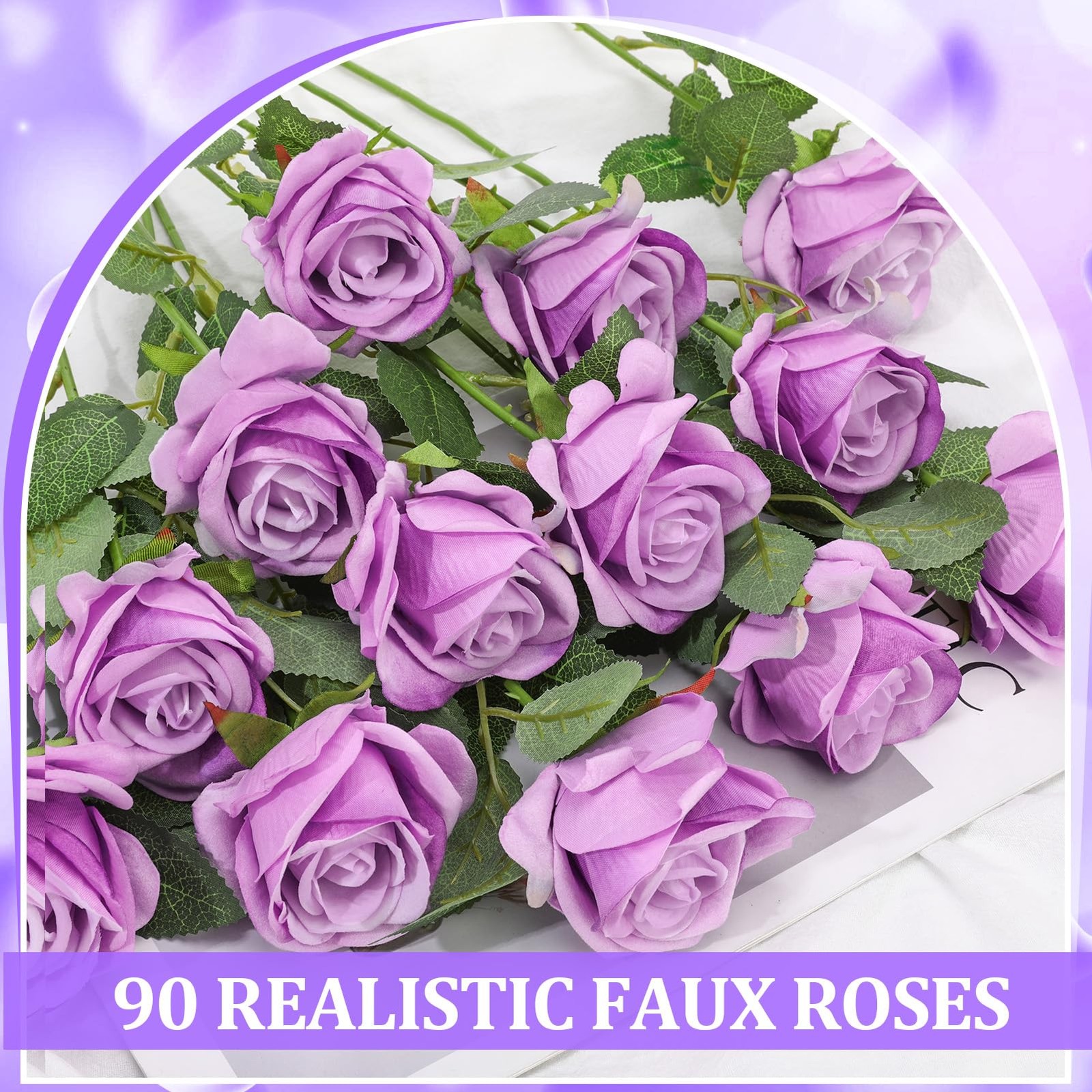 Ovveroche 90 Pcs Purple Velvet Rose Artificial Flowers with Long Stems, Fake …