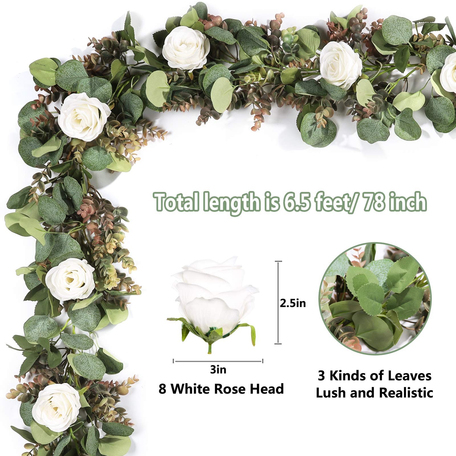 Der Rose 6.5FT Artificial Flower Garland, White Rose and Eucalyptus Floral Ga…