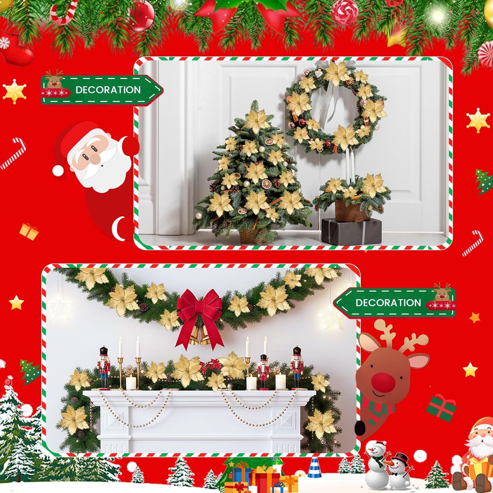 24 PCS Gold Glitter Poinsettia Flowers 5.91/3.94 Inch Velvet Xmas Decor